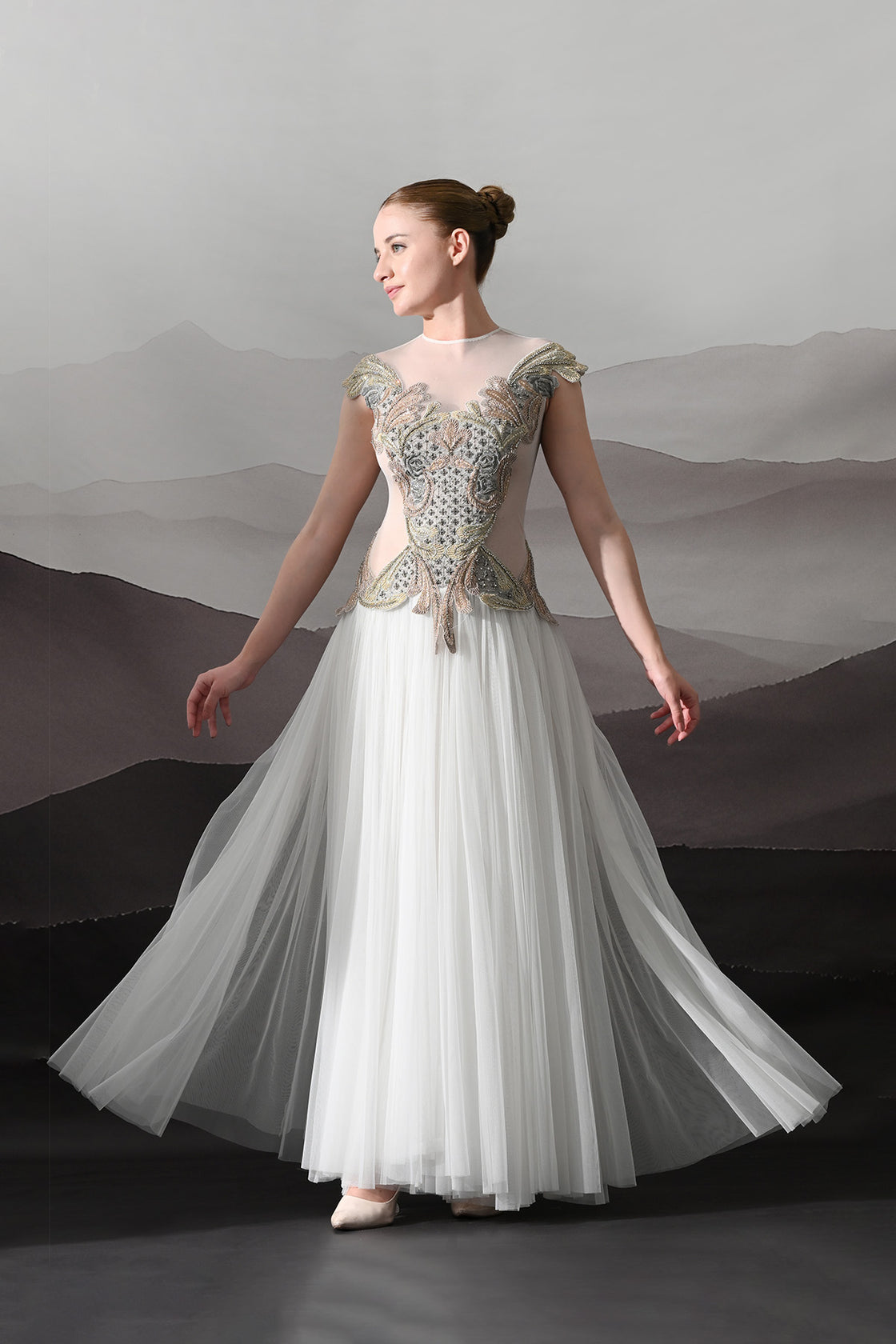 Ivory Gown With Hand-Embroidered Sculpted Bodice And Soft Pleated Bottom