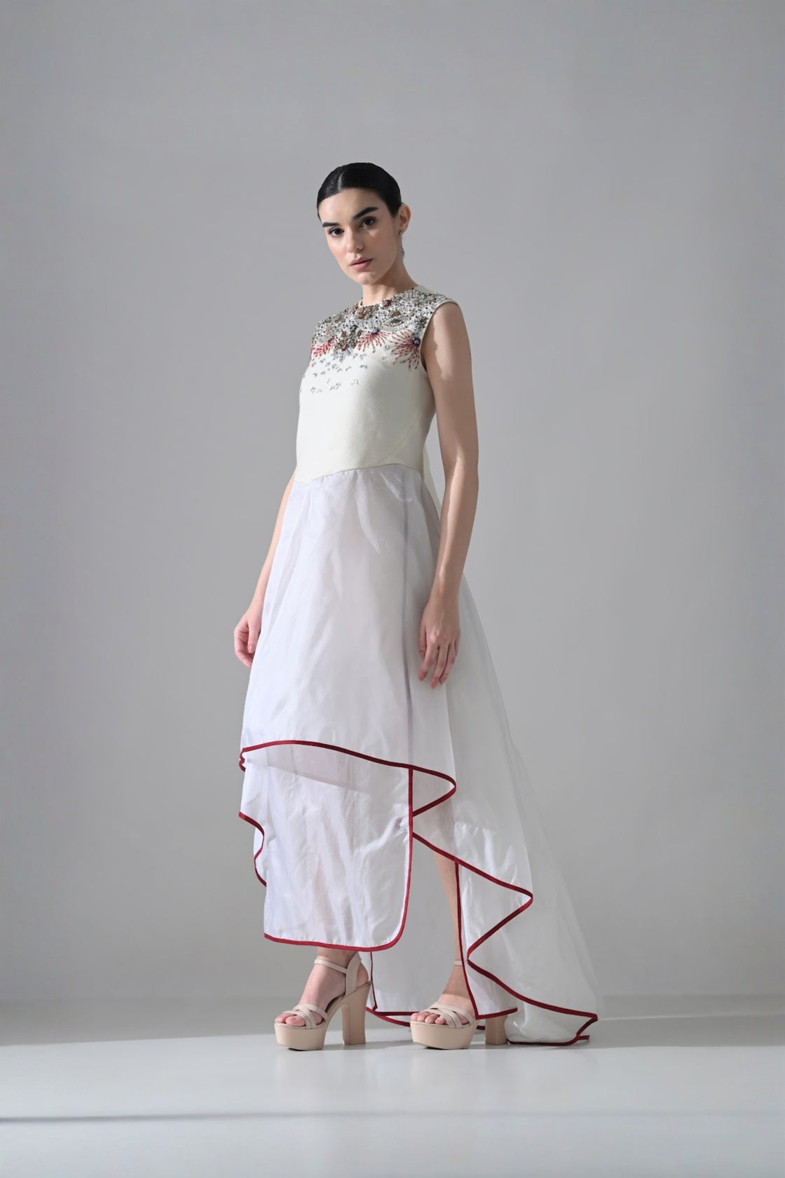 Ivory-White High Low Dress With Ornate And Layered Hem Detail