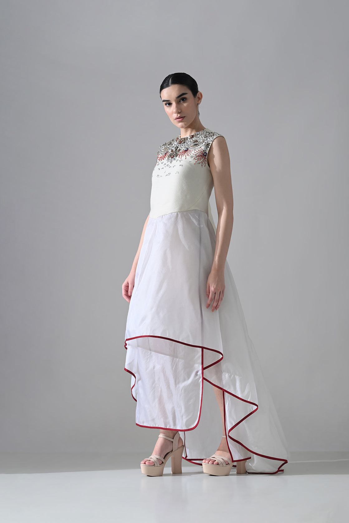 Ivory-White High Low Dress With Ornate And Layered Hem Detail