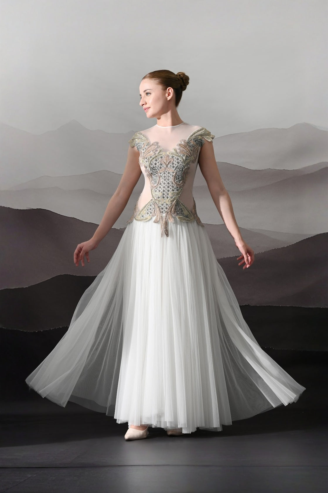 Ivory Gown With Hand-Embroidered Sculpted Bodice And Soft Pleated Bottom