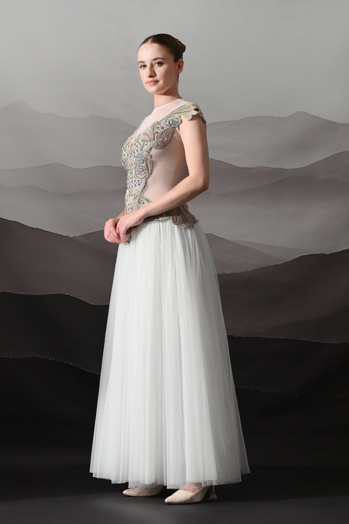 Ivory Gown with Hand-Embroidered Sculpted Bodice and Soft Pleated Ghera