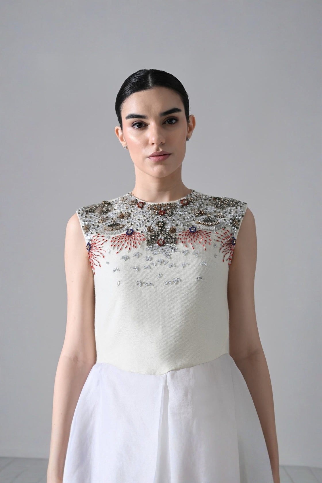 Ivory-White High Low Dress With Ornate And Layered Hem Detail