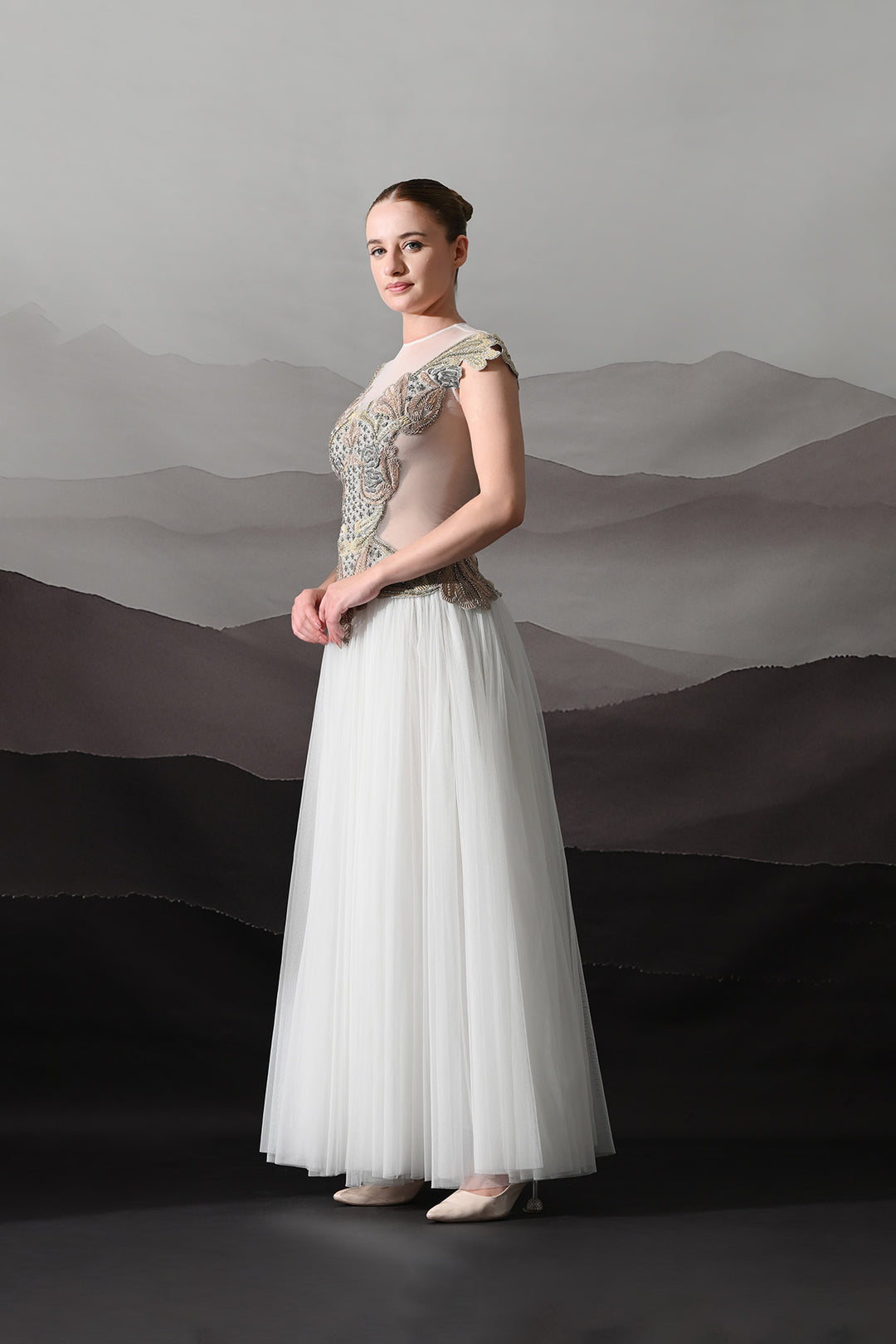 Ivory Gown With Hand-Embroidered Sculpted Bodice And Soft Pleated Bottom