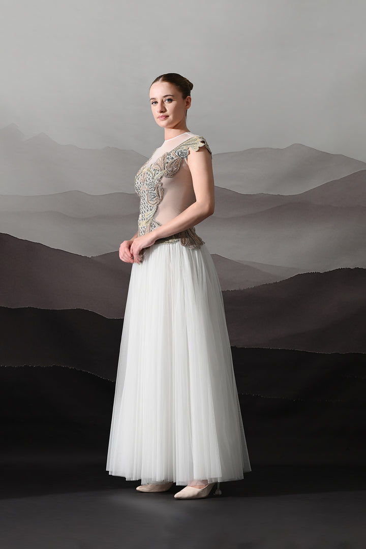 Ivory Gown With Hand-Embroidered Sculpted Bodice And Soft Pleated Bottom