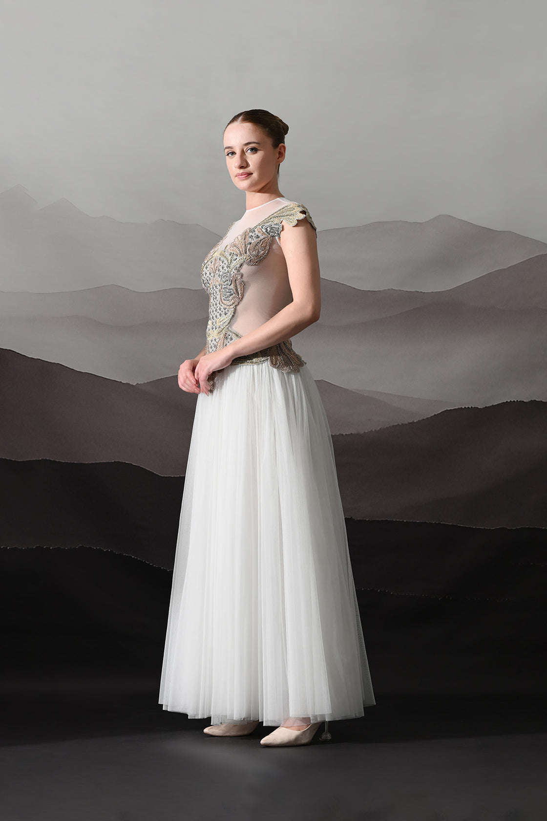 Ivory Gown With Hand-Embroidered Sculpted Bodice And Soft Pleated Bottom