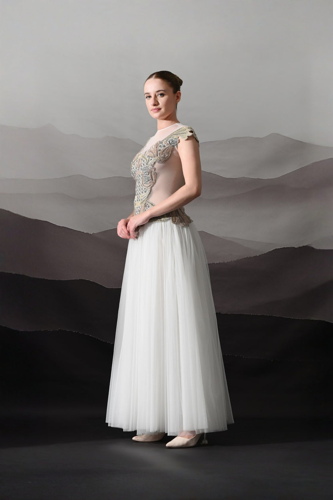 Ivory Gown With Hand-Embroidered Sculpted Bodice And Soft Pleated Bottom