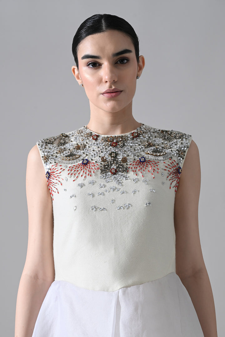 Ivory-White High Low Dress With Ornate And Layered Hem Detail