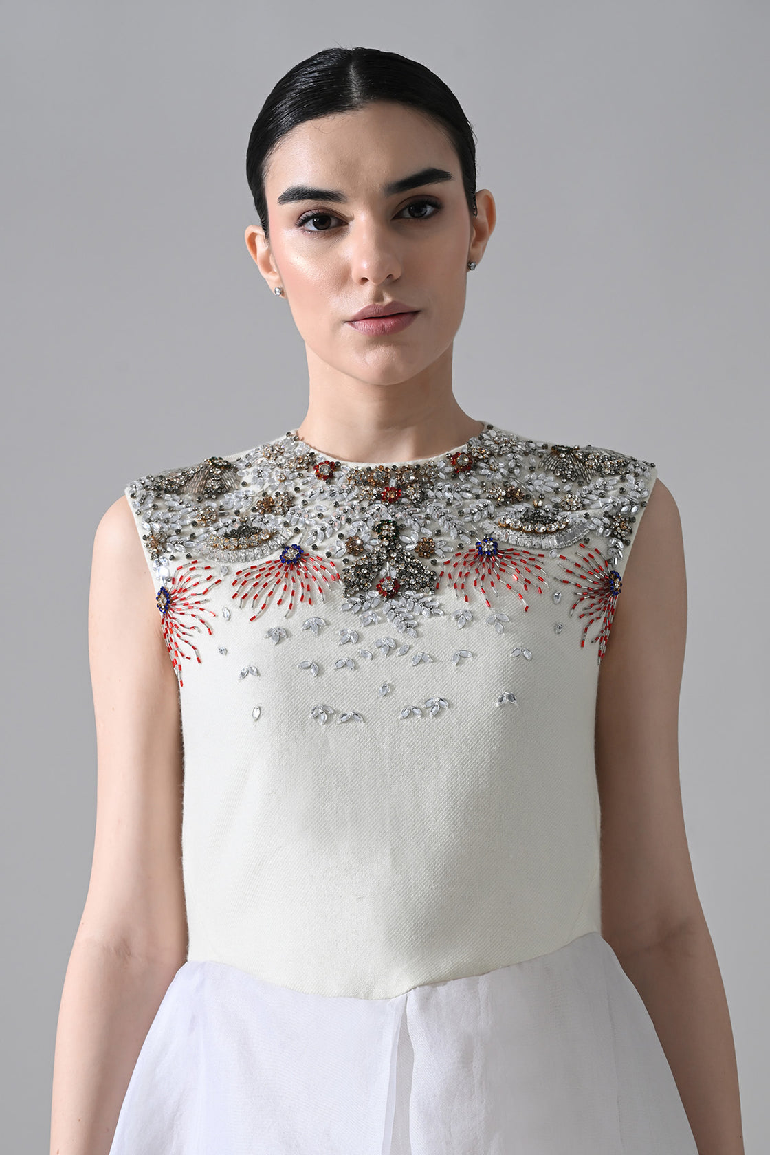 Ivory-White High Low Dress With Ornate And Layered Hem Detail