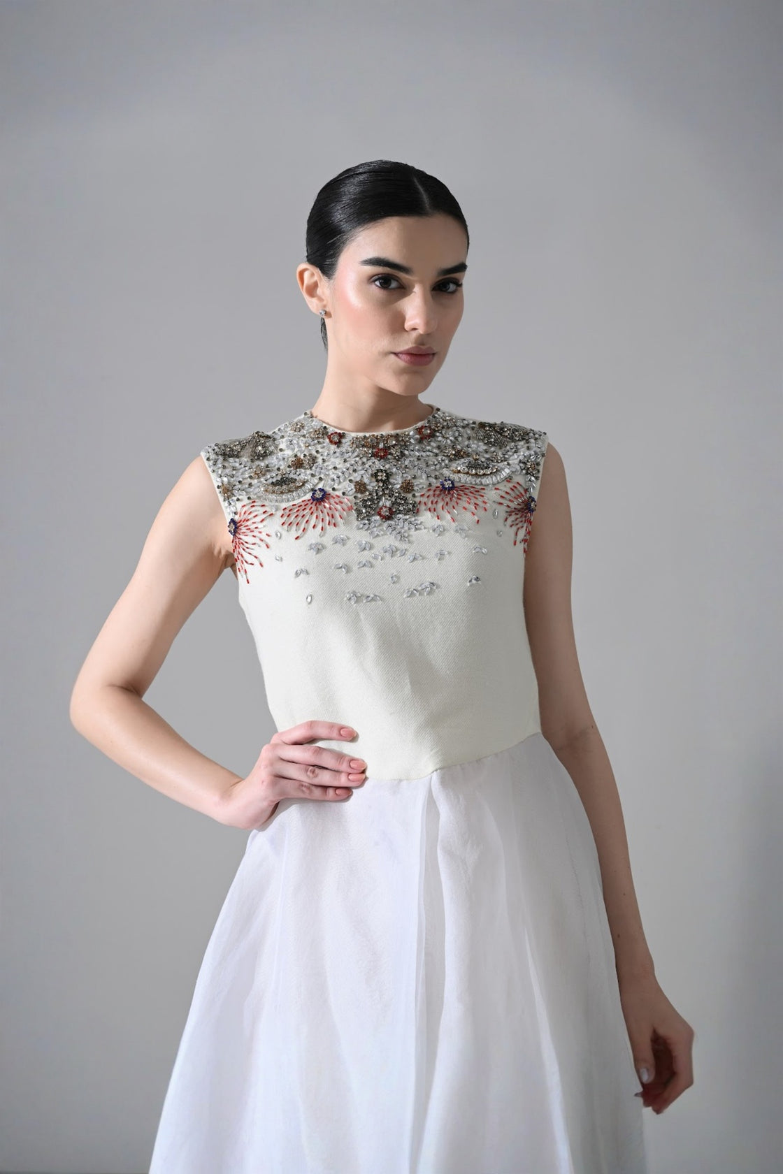 Ivory-White High Low Dress With Ornate And Layered Hem Detail