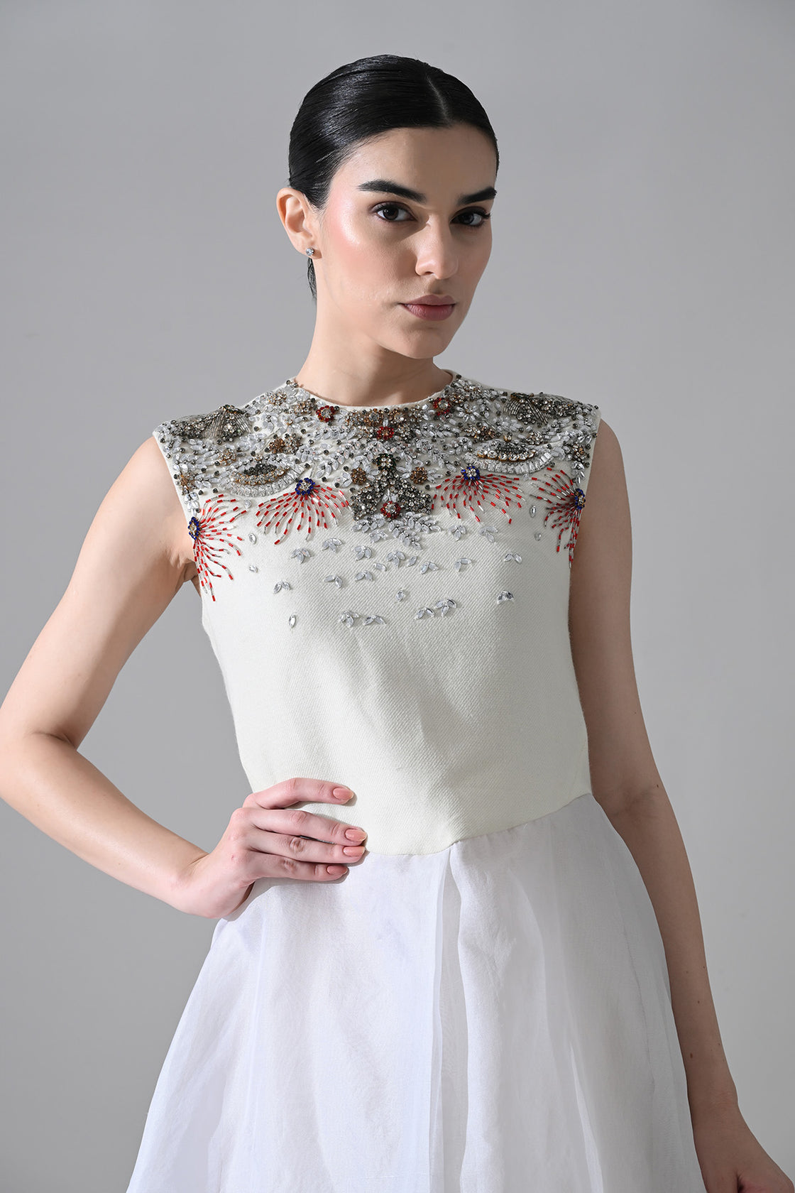 Ivory-White High Low Dress With Ornate And Layered Hem Detail