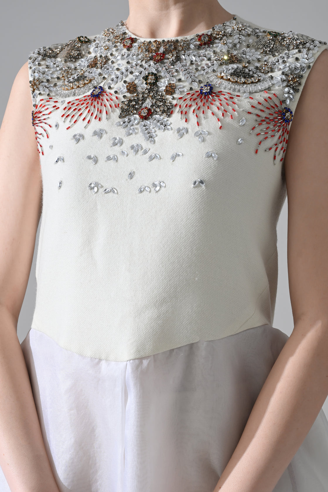 Ivory-White Dress with Ornate Handwork and Layered Hem Detail