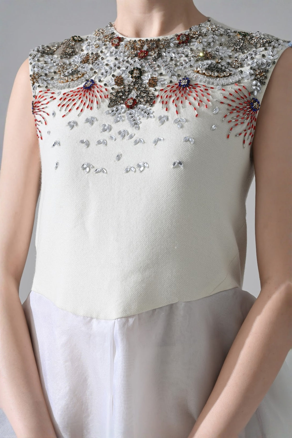 Ivory-White High Low Dress With Ornate And Layered Hem Detail