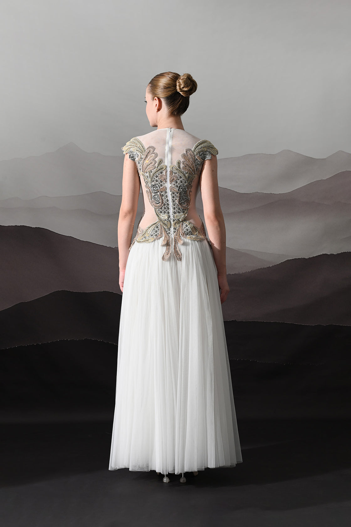 Ivory Gown With Hand-Embroidered Sculpted Bodice And Soft Pleated Bottom