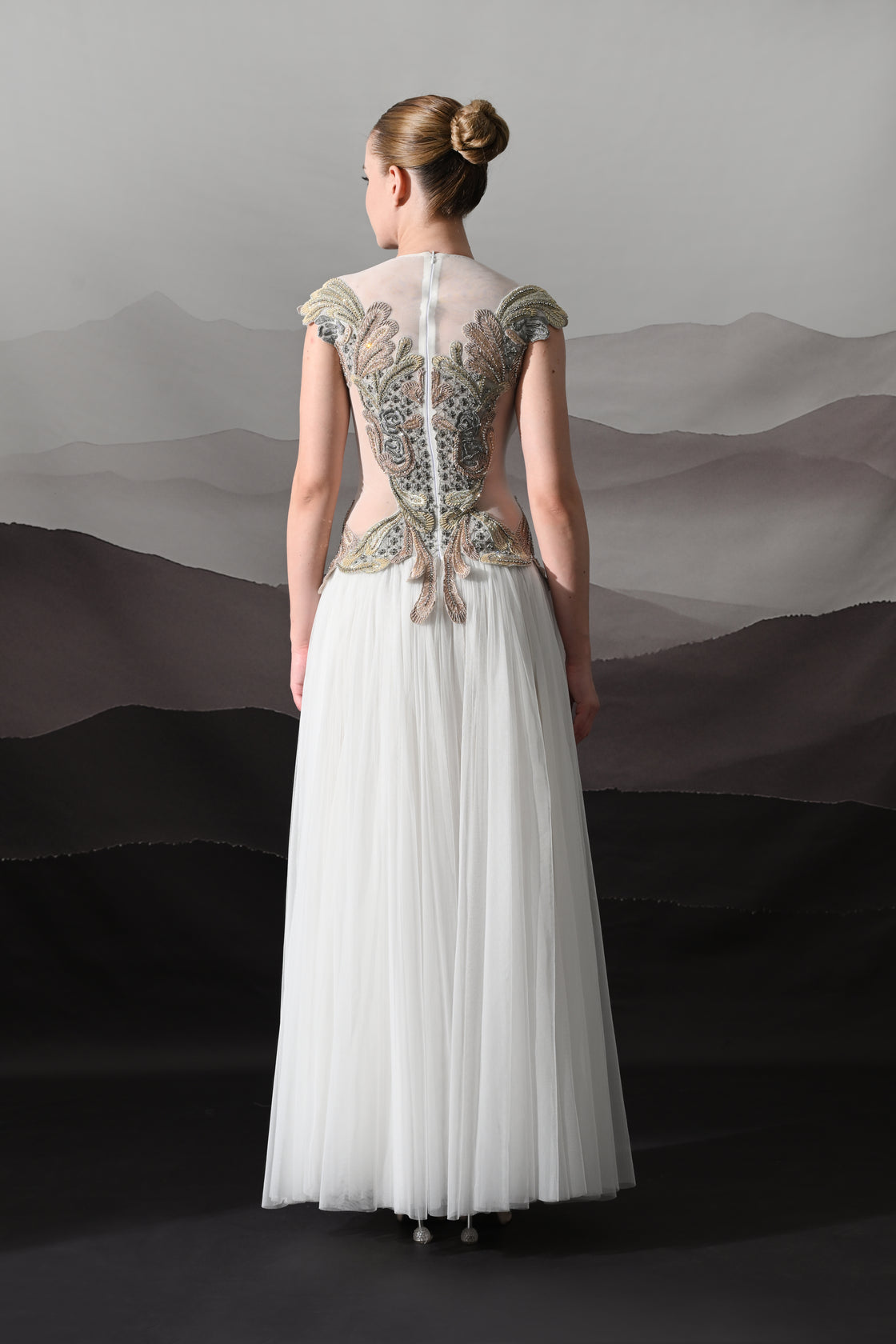 Ivory Gown with Hand-Embroidered Sculpted Bodice and Soft Pleated Ghera
