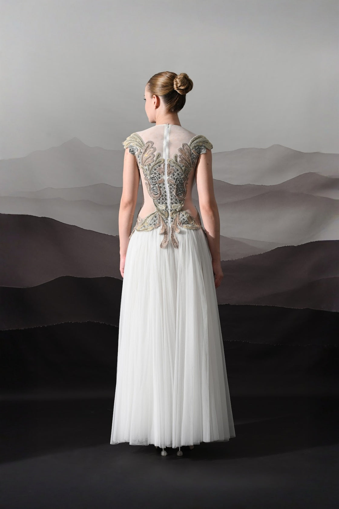 Ivory Gown With Hand-Embroidered Sculpted Bodice And Soft Pleated Bottom