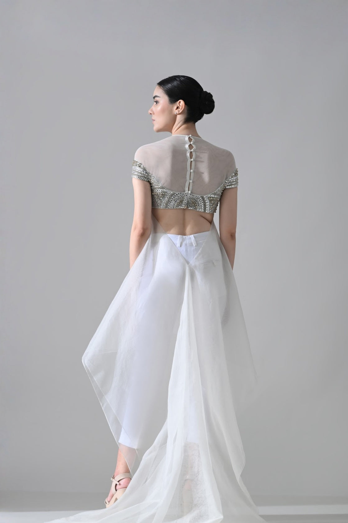 Ivory Hand-Embroidered Silhouette With Elongated Asymmetric Top With Pants