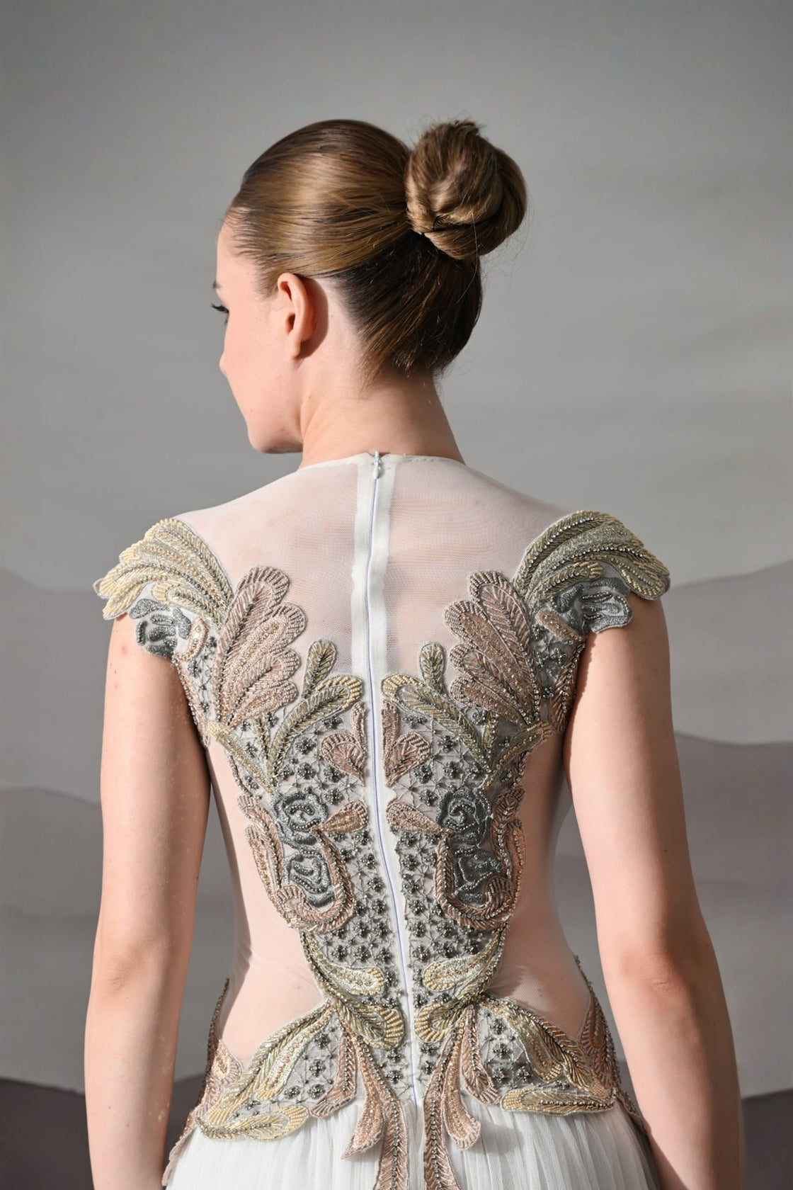 Ivory Gown With Hand-Embroidered Sculpted Bodice And Soft Pleated Bottom
