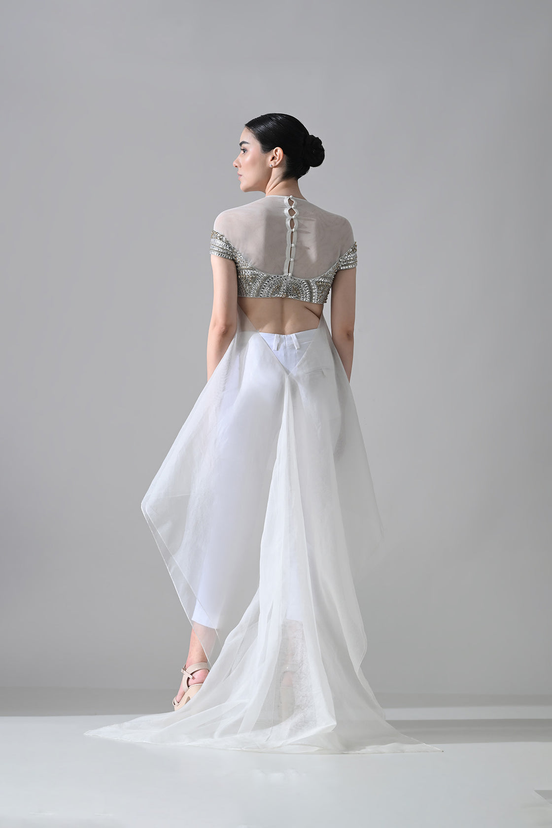 Ivory Hand-Embroidered Silhouette With Elongated Asymmetric Top With Pants