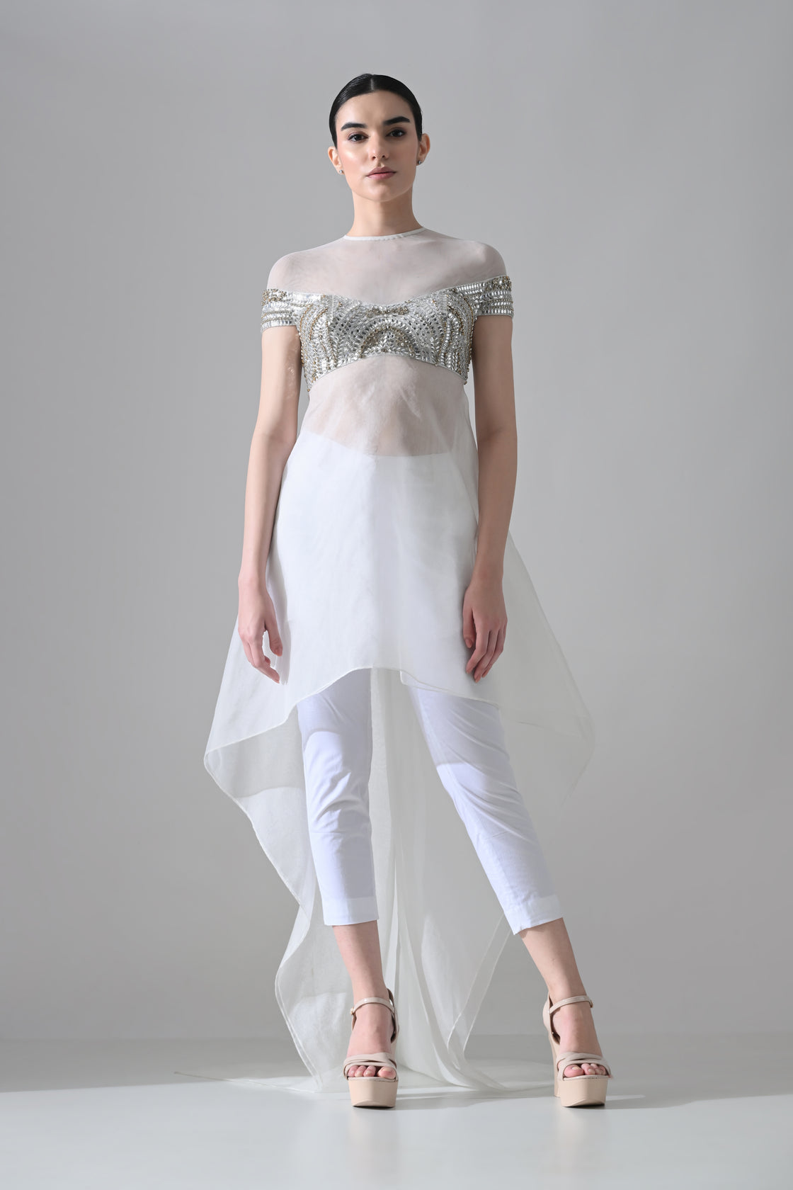 Off-White Hand-Embroidered Silhouette with Elongated Asymmetric Fall