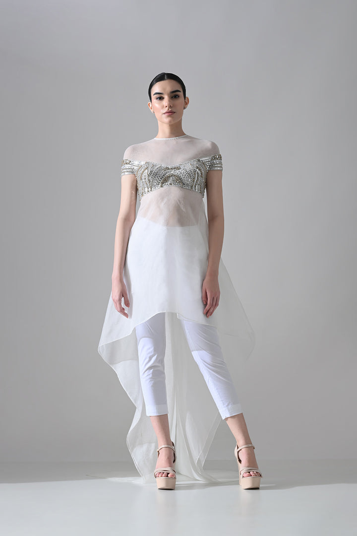 Ivory Hand-Embroidered Silhouette With Elongated Asymmetric Top With Pants