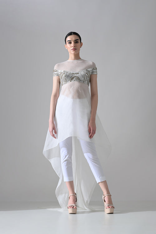 Ivory Hand-Embroidered Silhouette With Elongated Asymmetric Top With Pants