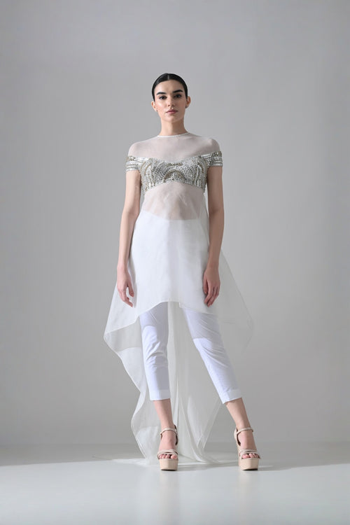 Ivory Hand-Embroidered Silhouette With Elongated Asymmetric Top With Pants
