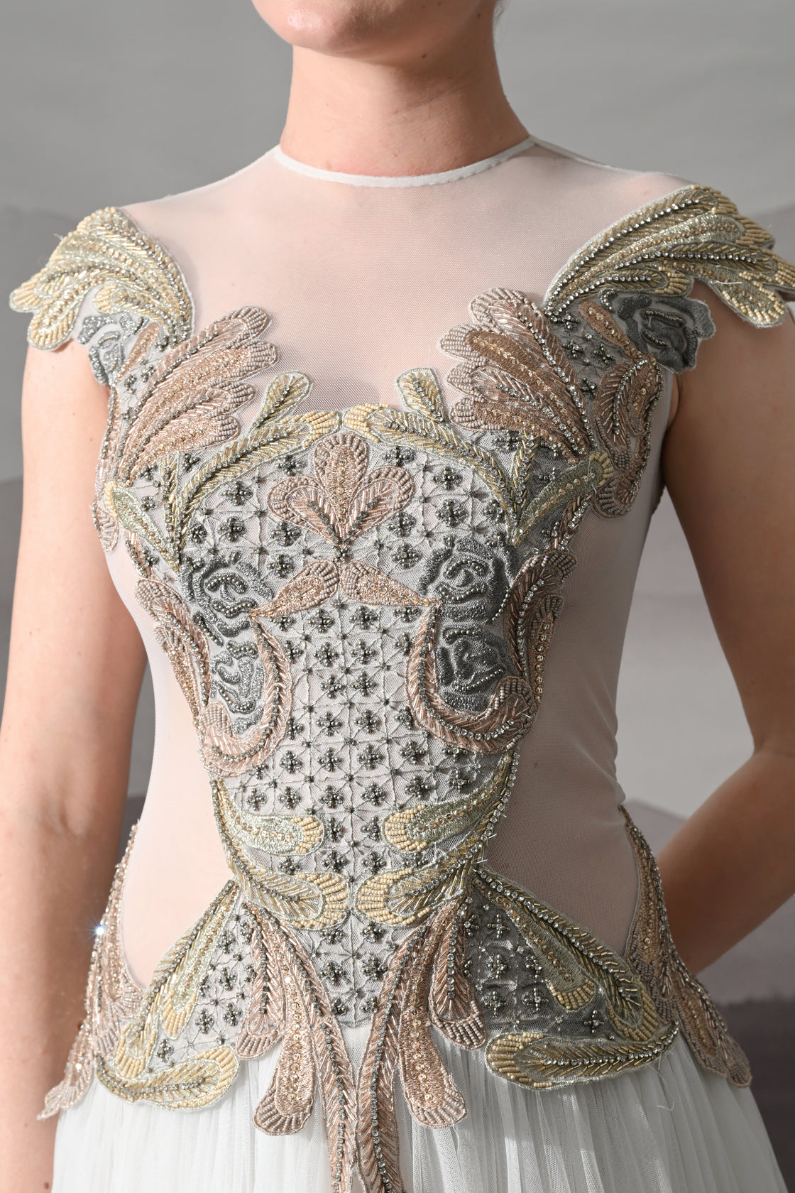 Ivory Gown with Hand-Embroidered Sculpted Bodice and Soft Pleated Ghera