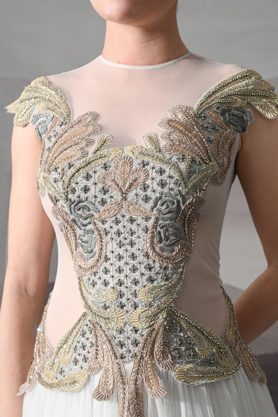 Ivory Gown With Hand-Embroidered Sculpted Bodice And Soft Pleated Bottom
