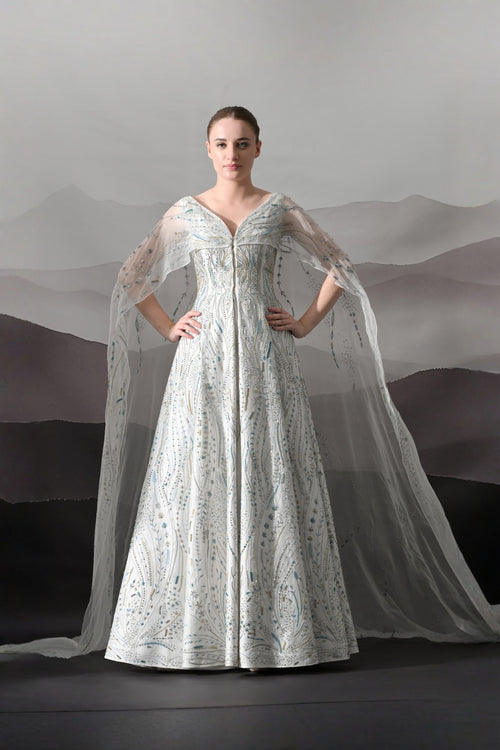 Ivory Sculpted Gown With All-Over Embroidery Handwork