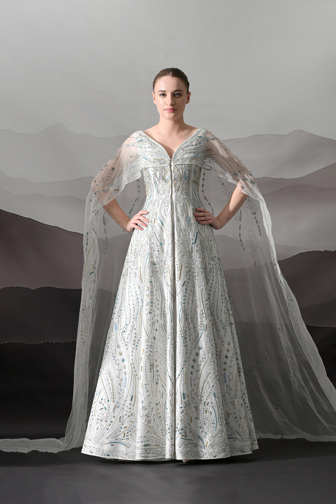 Ivory Sculpted Gown With All-Over Embroidery Handwork