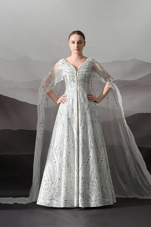 Ivory Sculpted Gown With All-Over Embroidery Handwork