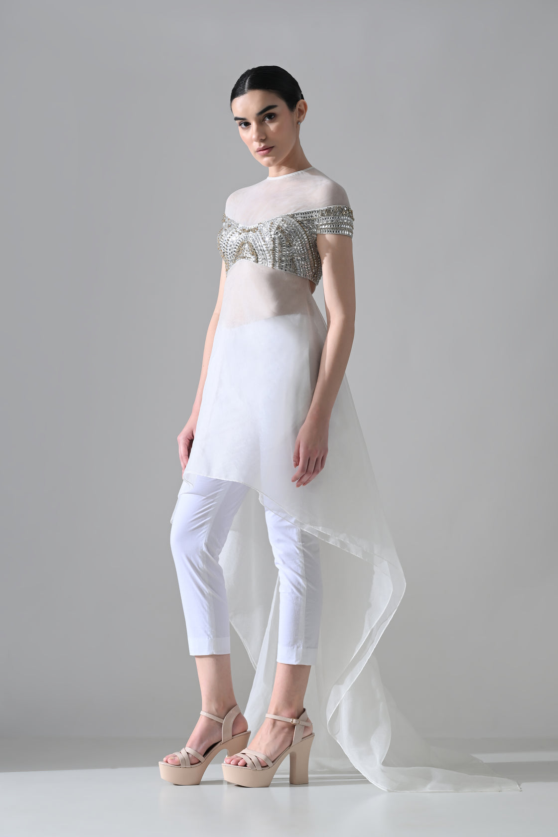 Off-White Hand-Embroidered Silhouette with Elongated Asymmetric Fall