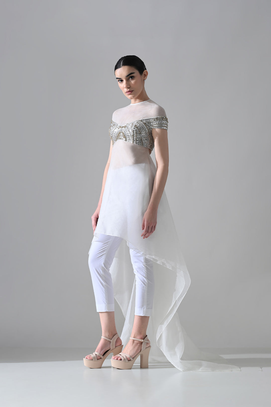 Ivory Hand-Embroidered Silhouette With Elongated Asymmetric Top With Pants