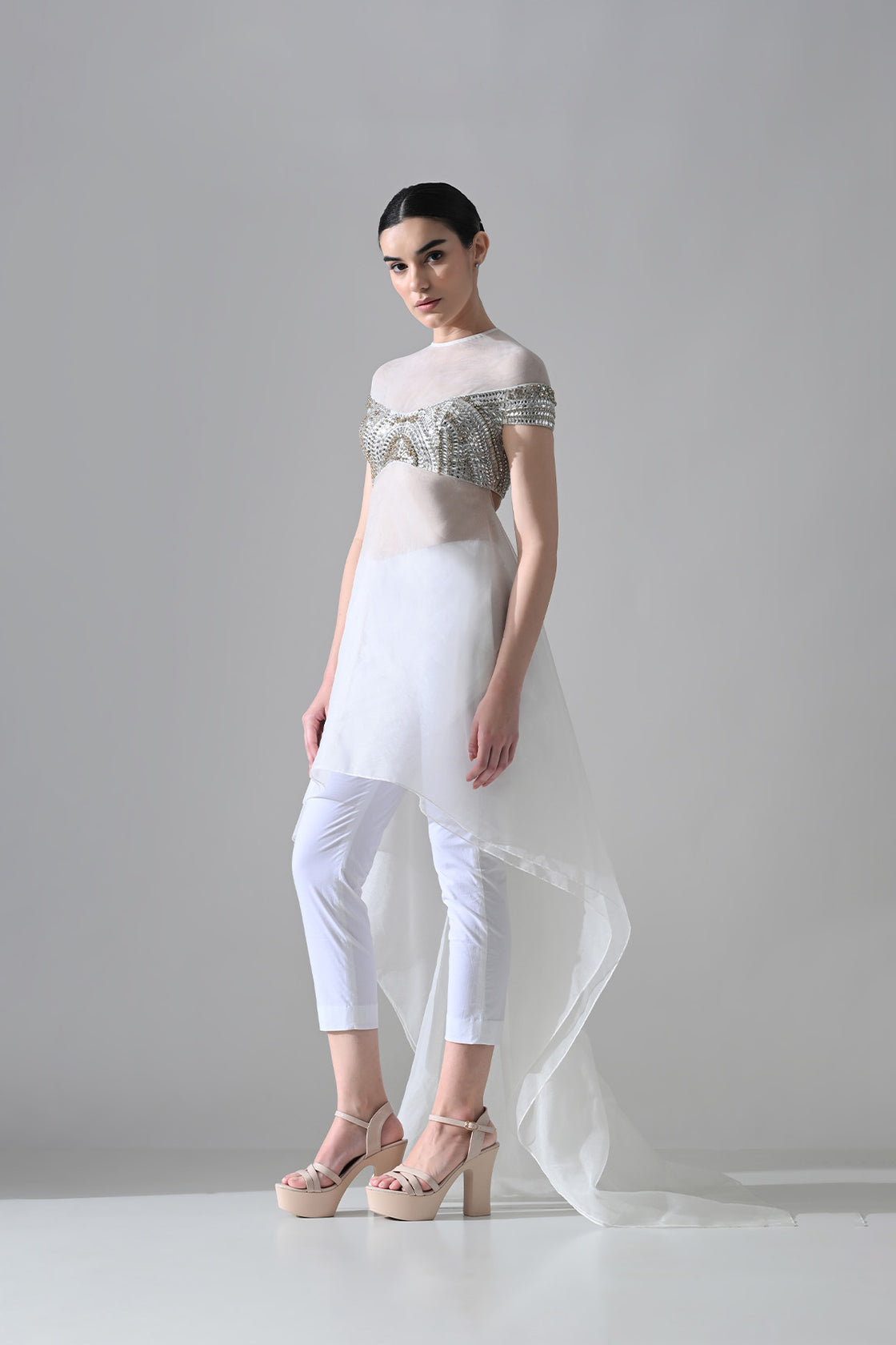 Ivory Hand-Embroidered Silhouette With Elongated Asymmetric Top With Pants