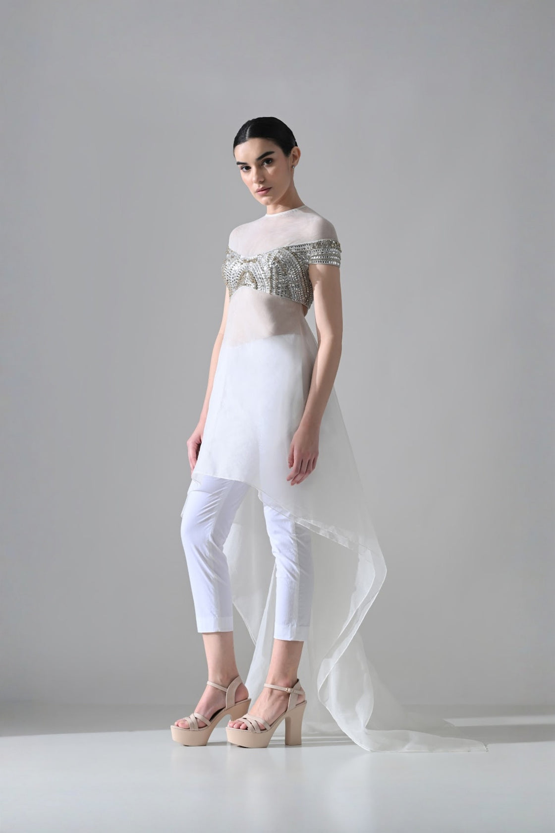 Ivory Hand-Embroidered Silhouette With Elongated Asymmetric Top With Pants