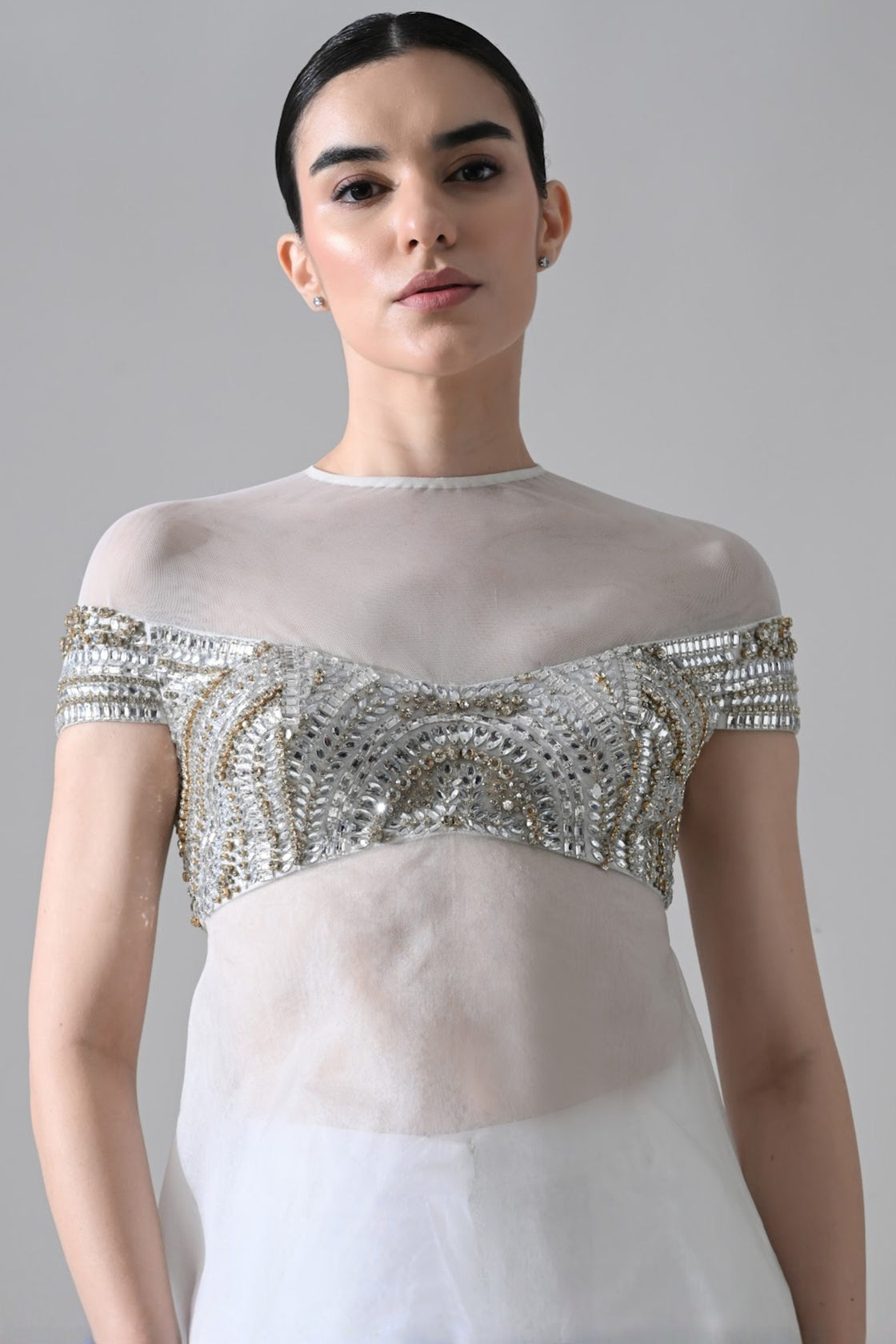 Ivory Hand-Embroidered Silhouette With Elongated Asymmetric Top With Pants