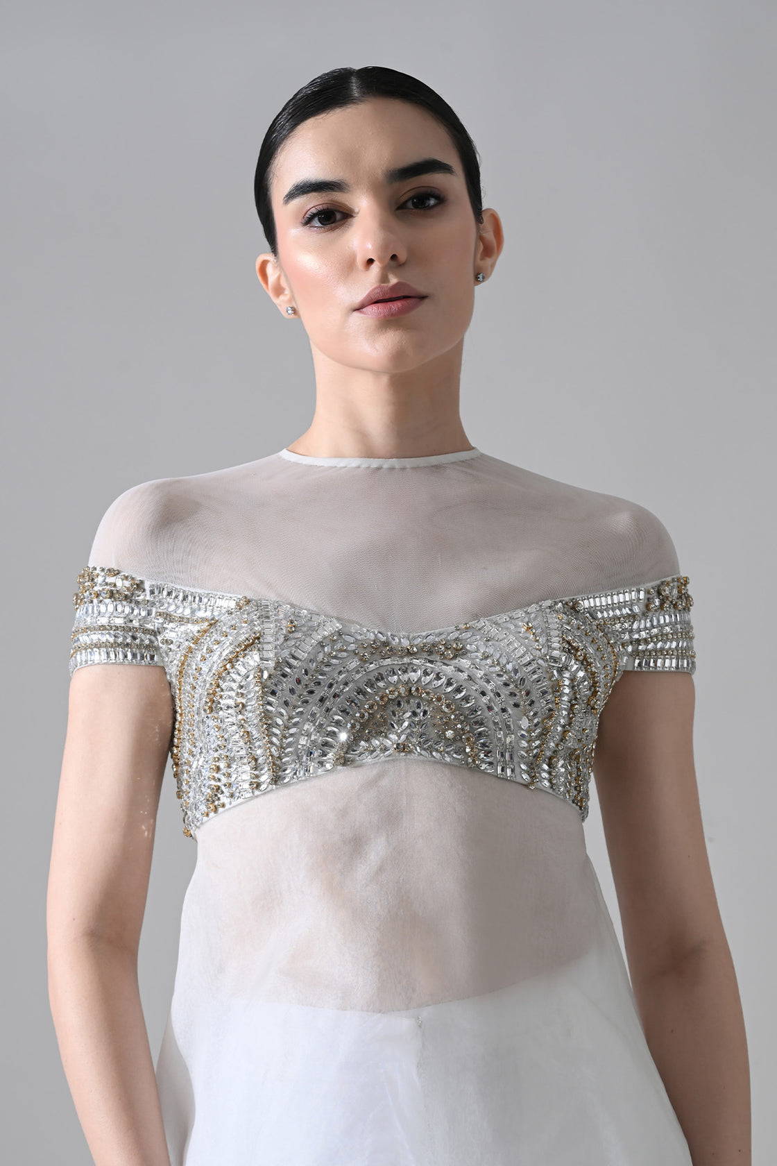 Ivory Hand-Embroidered Silhouette With Elongated Asymmetric Top With Pants
