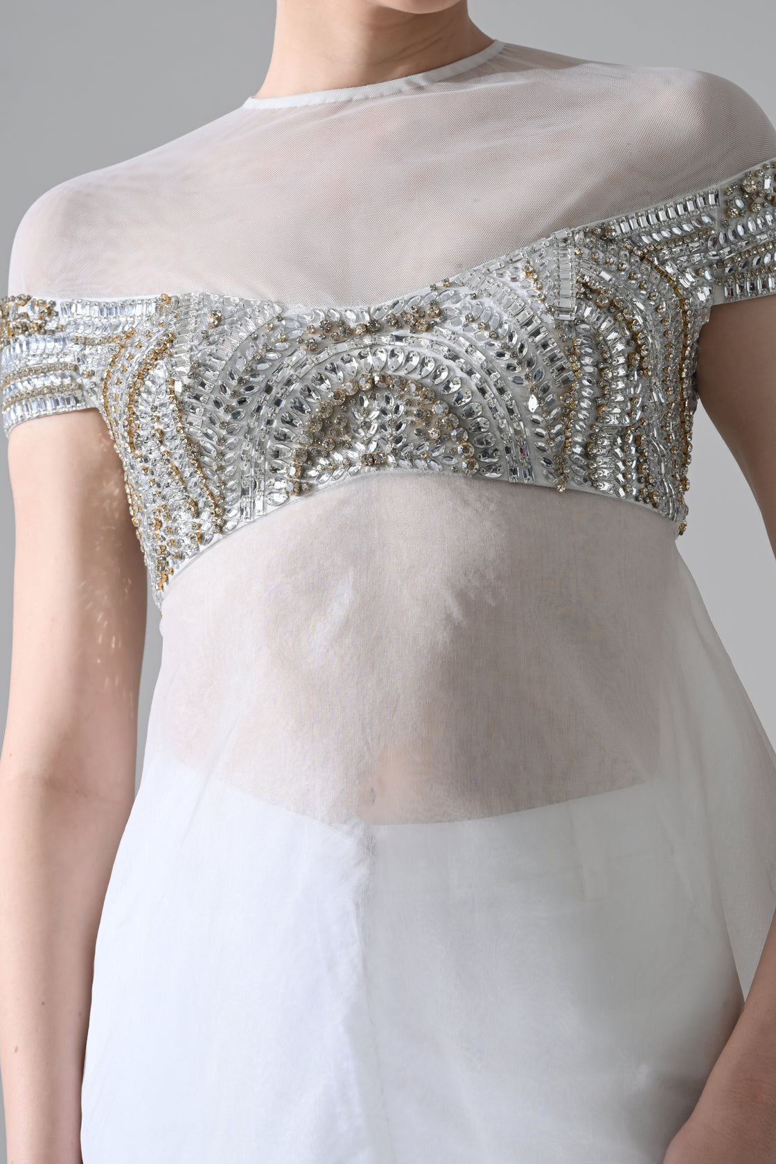 Off-White Hand-Embroidered Silhouette with Elongated Asymmetric Fall