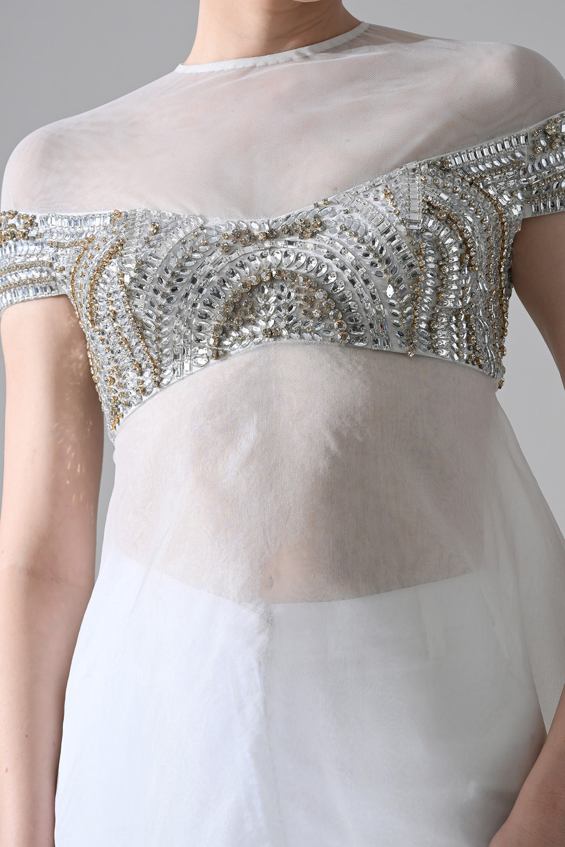Ivory Hand-Embroidered Silhouette With Elongated Asymmetric Top With Pants