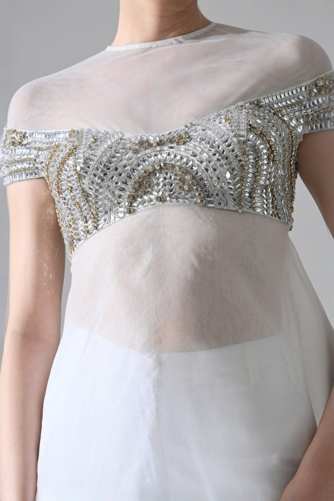 Ivory Hand-Embroidered Silhouette With Elongated Asymmetric Top With Pants