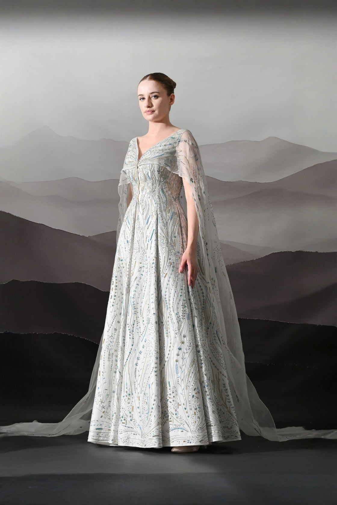 Ivory Sculpted Gown With All-Over Embroidery Handwork
