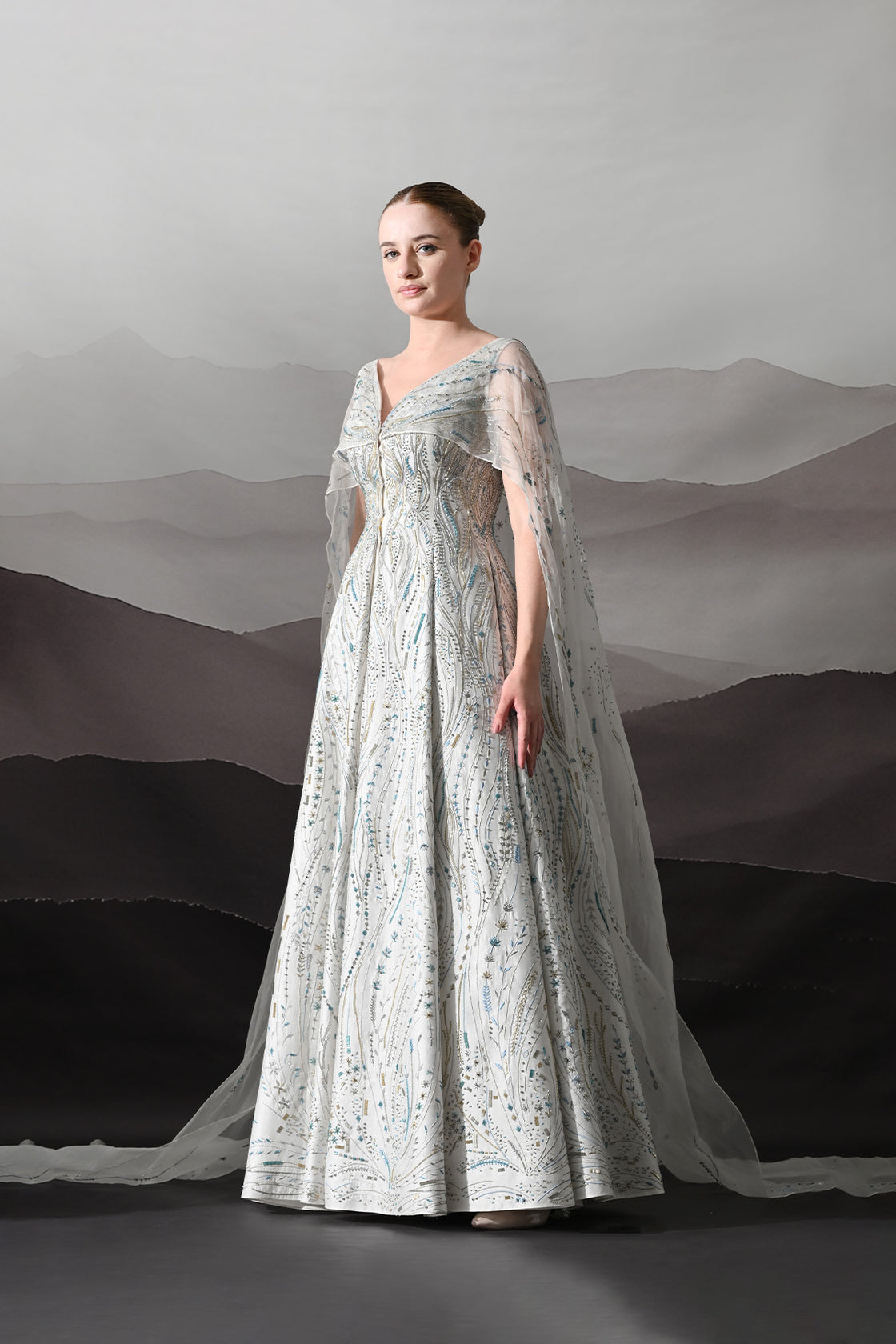 Ivory Sculpted Gown With All-Over Embroidery Handwork