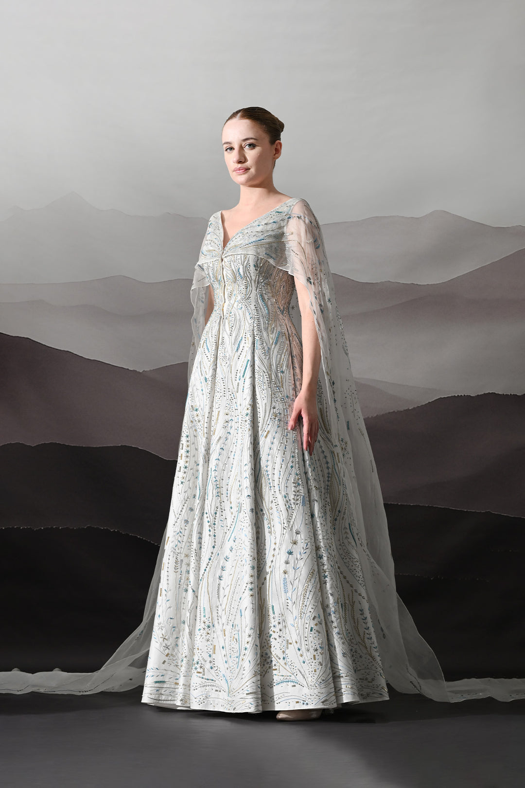 Ivory Sculpted Gown With All-Over Embroidery Handwork