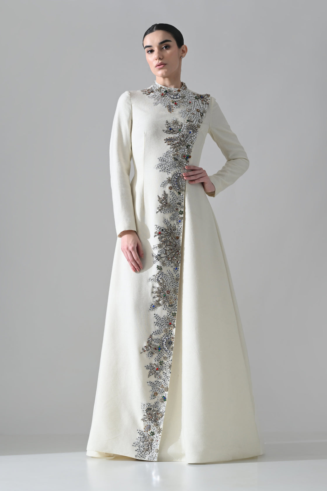 Ivory Longline Coat Gown with Vertical Hand Embellishment