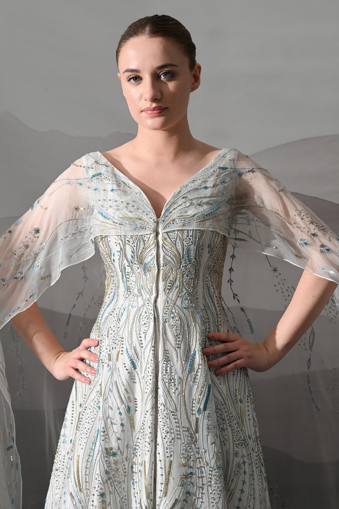 Ivory Sculpted Gown With All-Over Embroidery Handwork