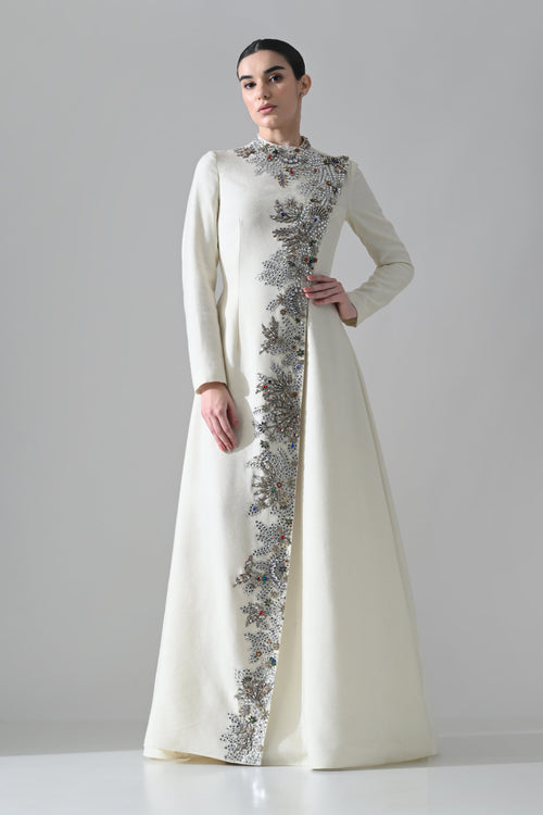 Ivory Longline Coat Gown with Vertical Hand Embellishment