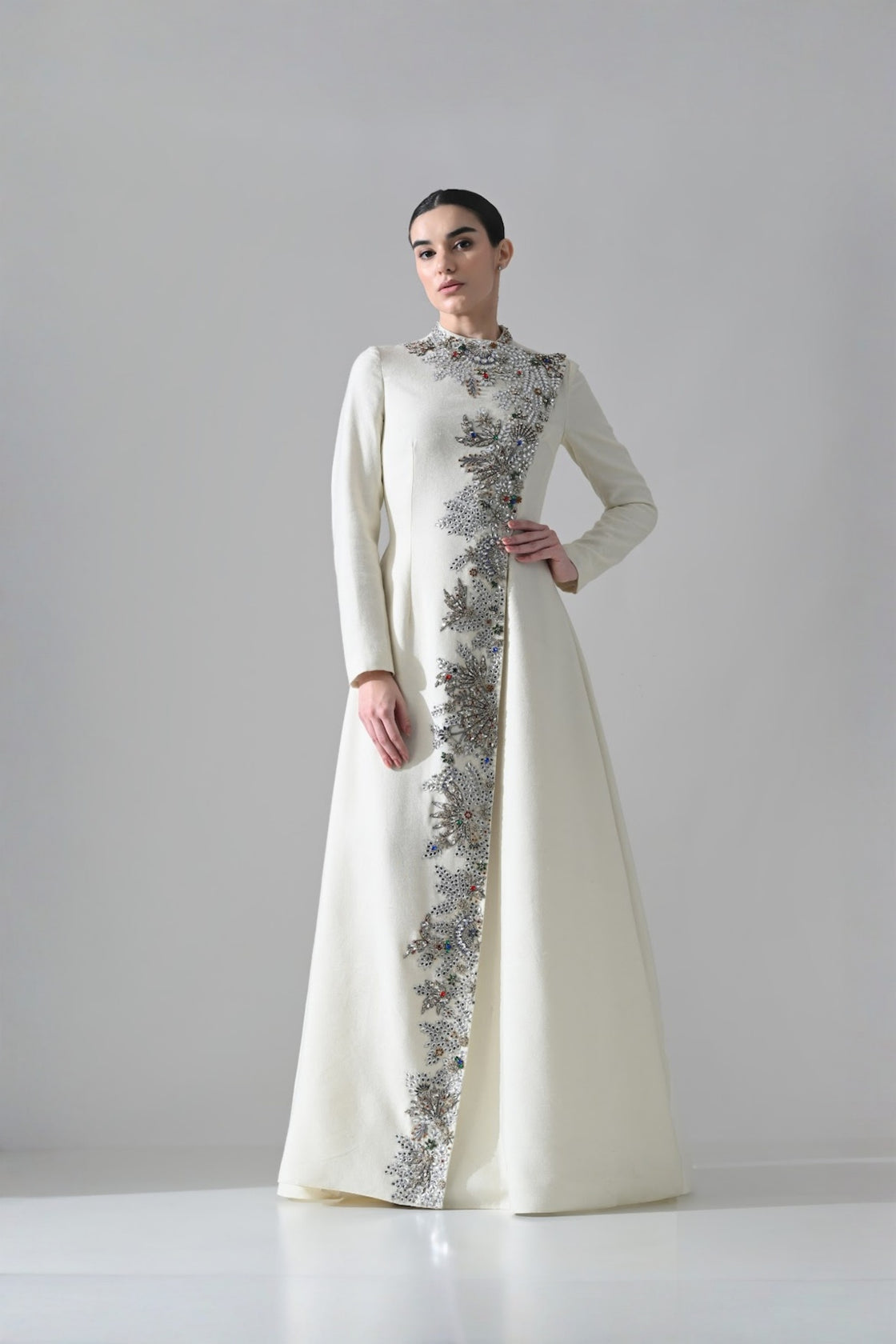 Ivory A-Line Dress With Vertical Hand Embellishment