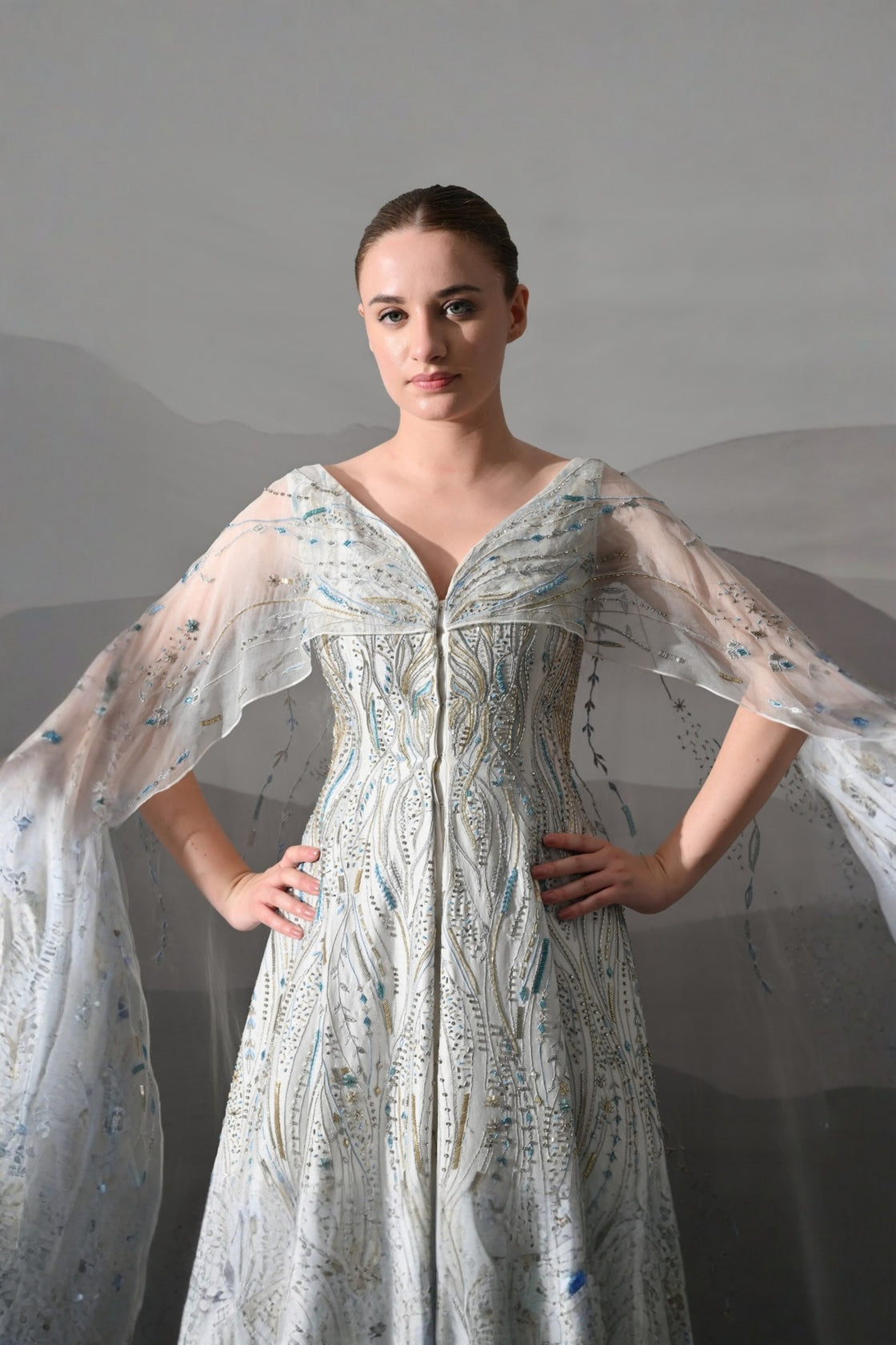 Ivory Sculpted Gown With All-Over Embroidery Handwork