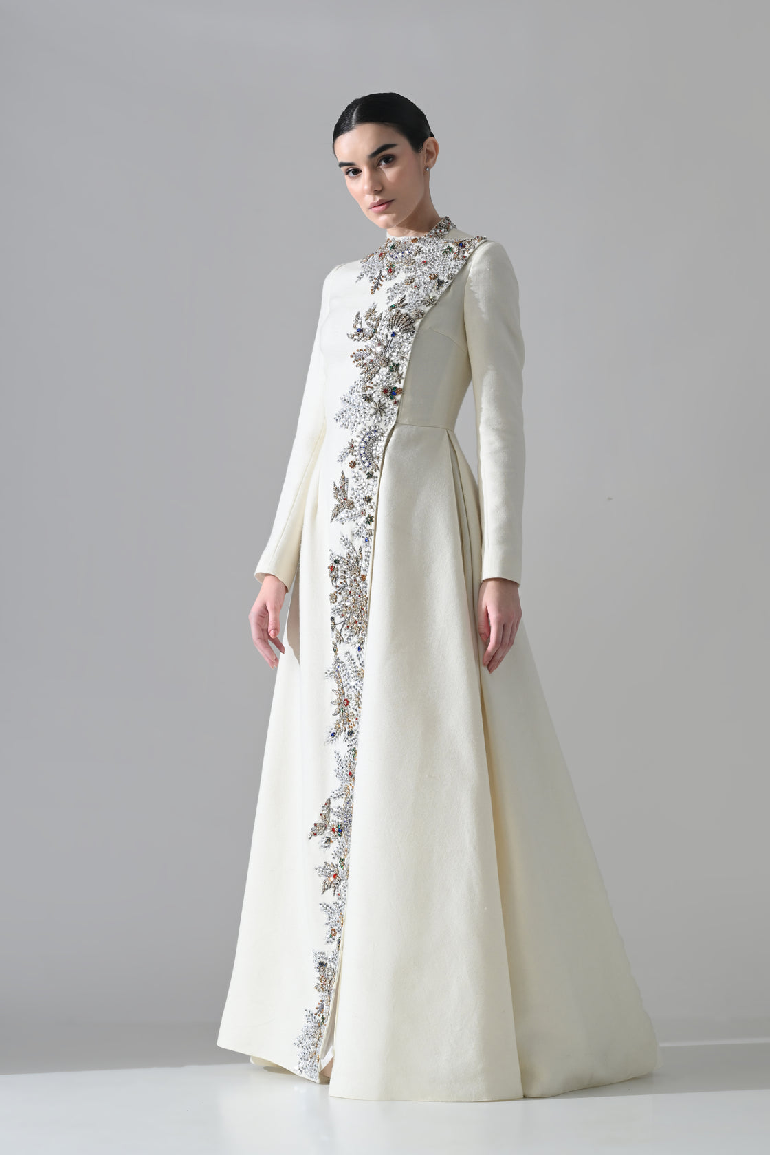 Ivory Longline Coat Gown with Vertical Hand Embellishment