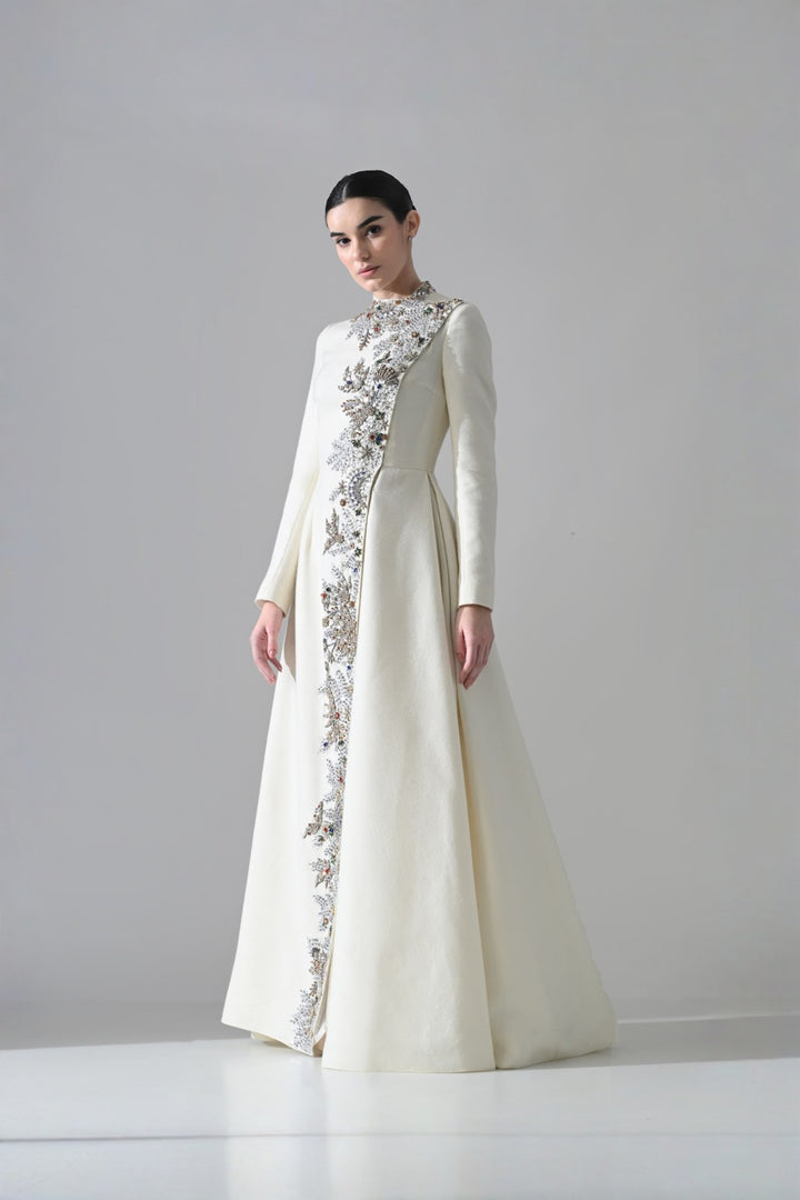 Ivory A-Line Dress With Vertical Hand Embellishment